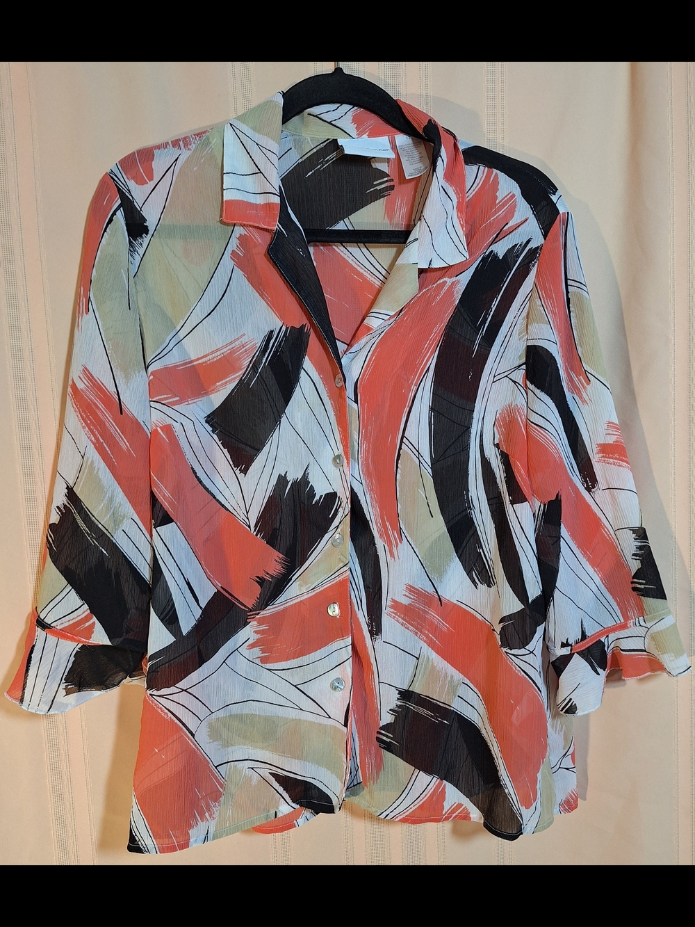 Alfred Dunner Coral, Black & Cream Abstract Button-Front Blouse
